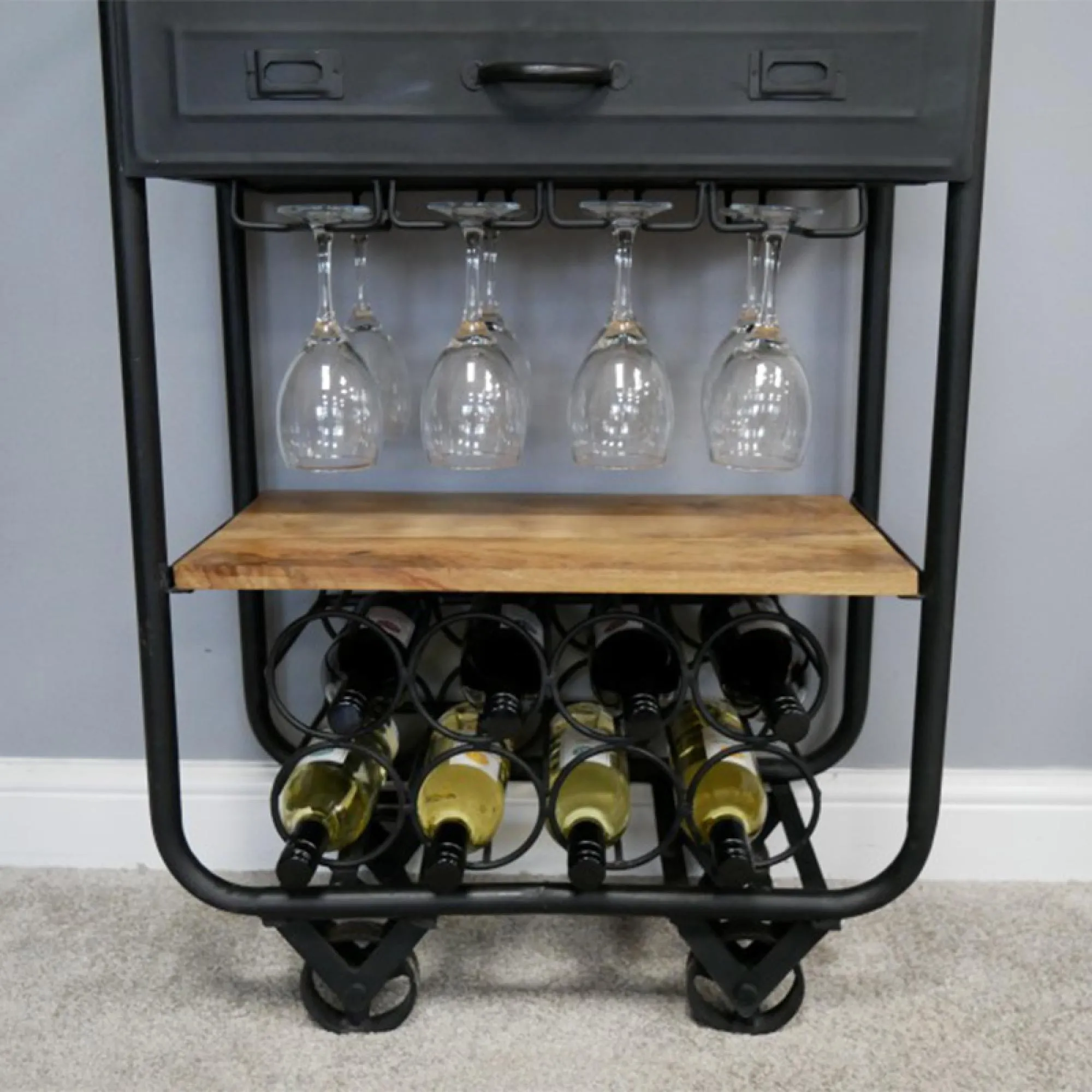 Black Metal 1 Drawer Wine Trolley