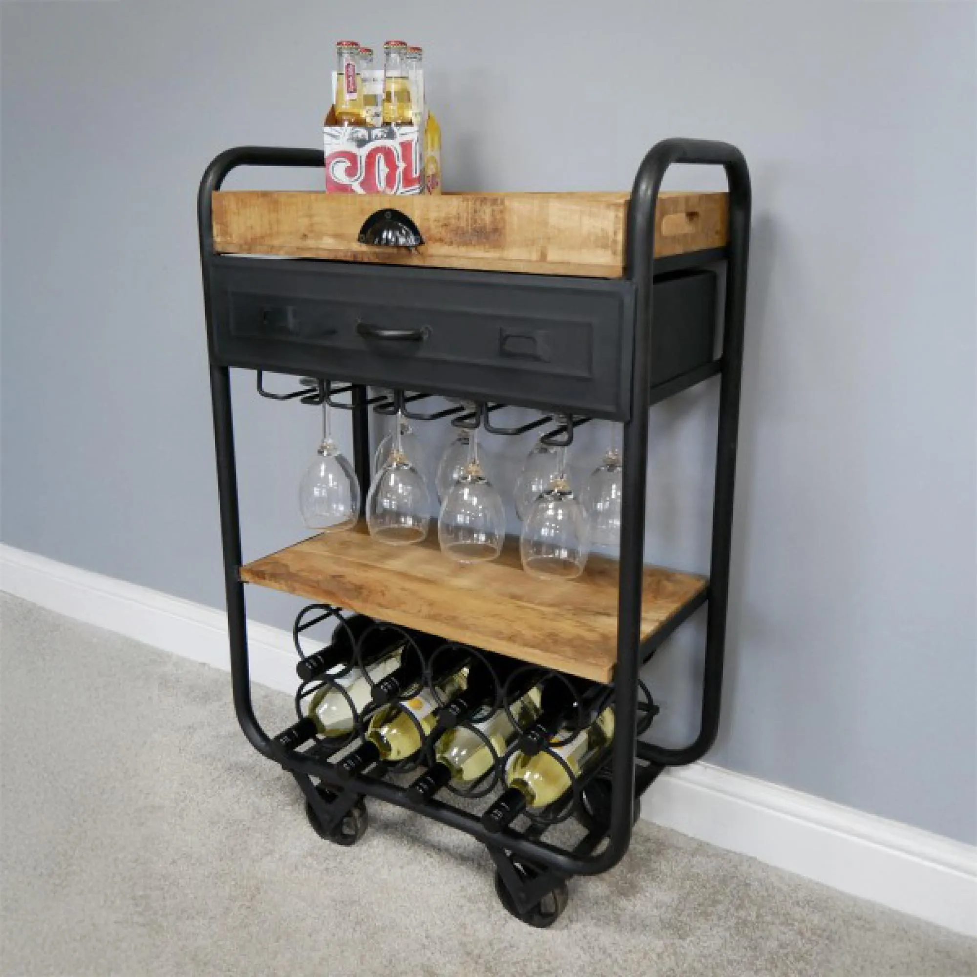 Black Metal 1 Drawer Wine Trolley