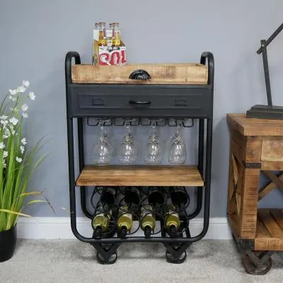 Black Metal 1 Drawer Wine Trolley