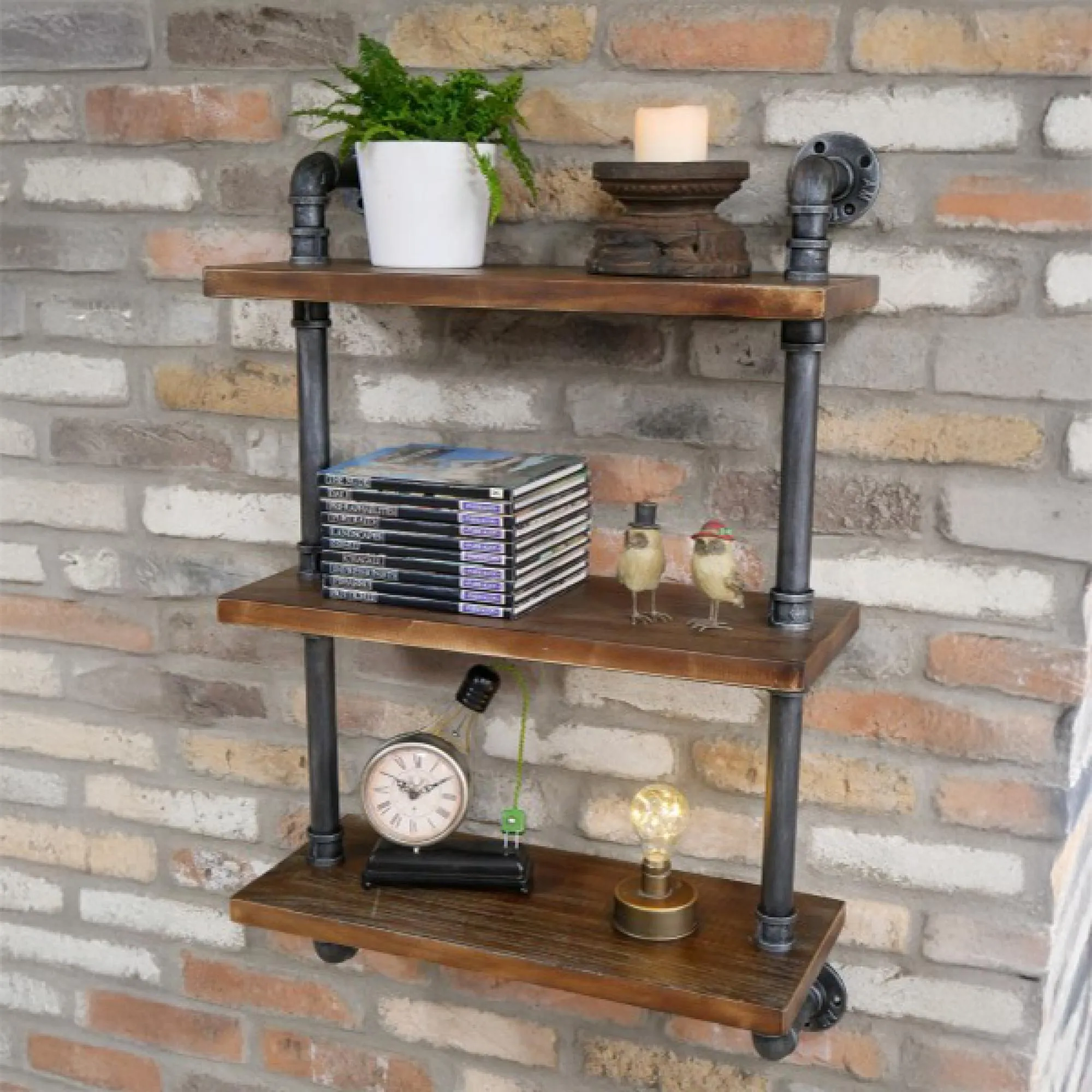 Black Metal Pipe 3-Shelf Wall Unit - Black, Wood