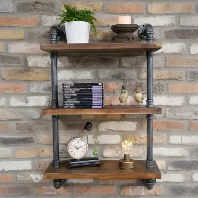 Black Metal Pipe 3-Shelf Wall Unit - Black, Wood image