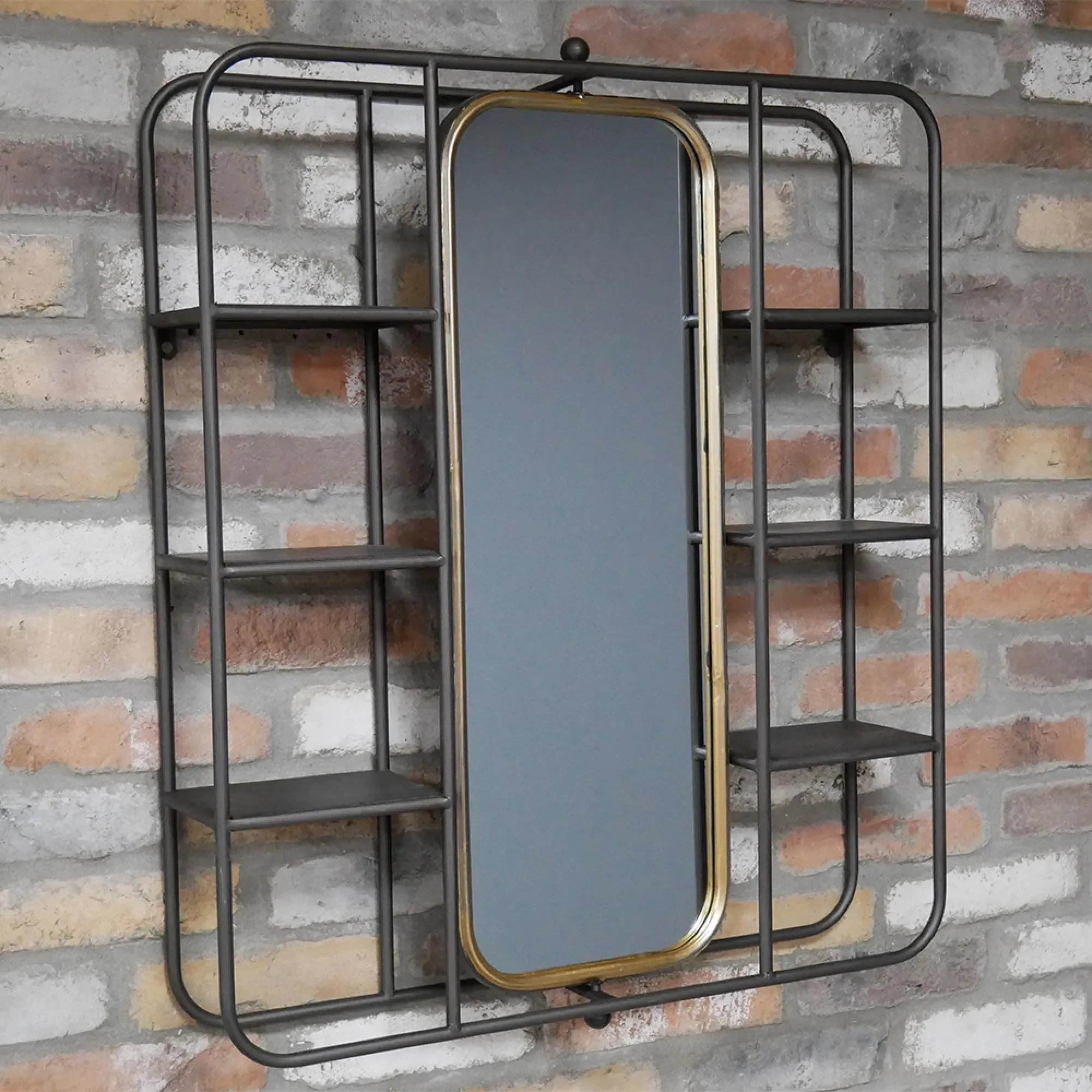 Black Metal Wall Unit with Mirror