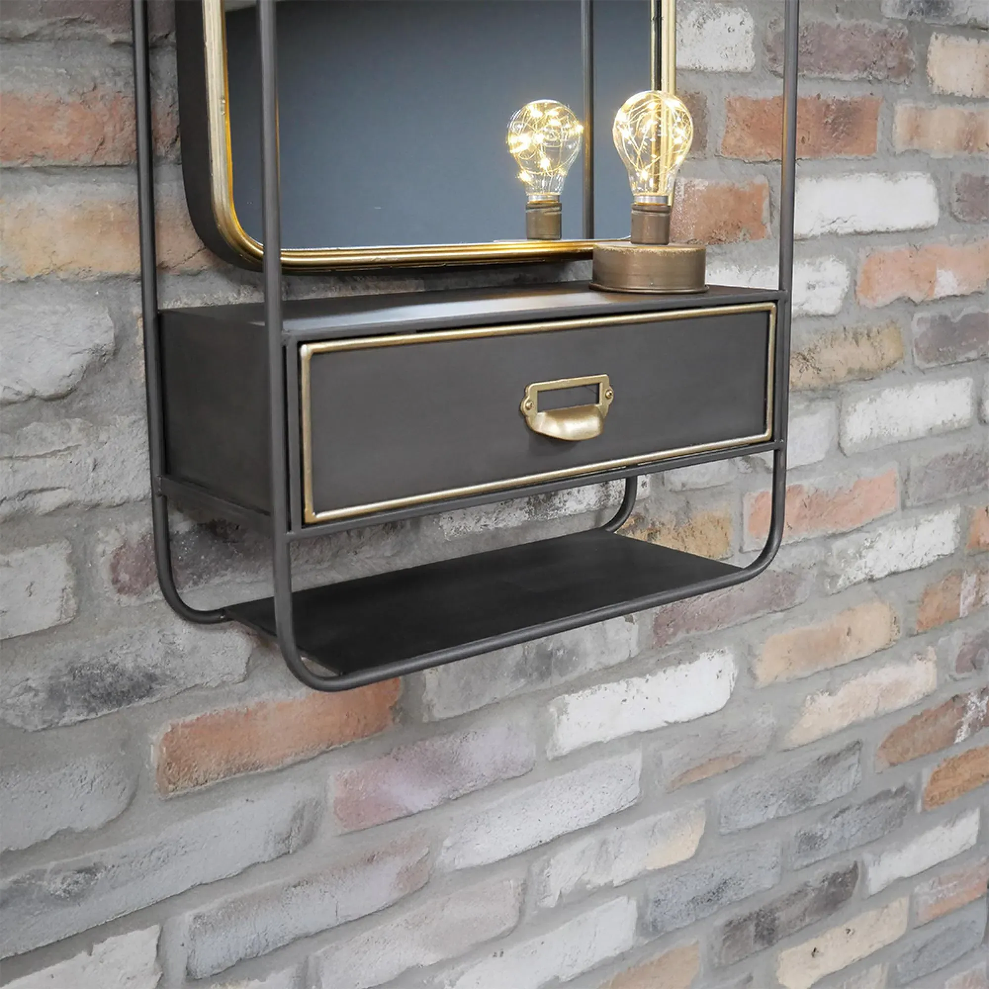 Black Metal Wall Unit with Mirror and Drawer