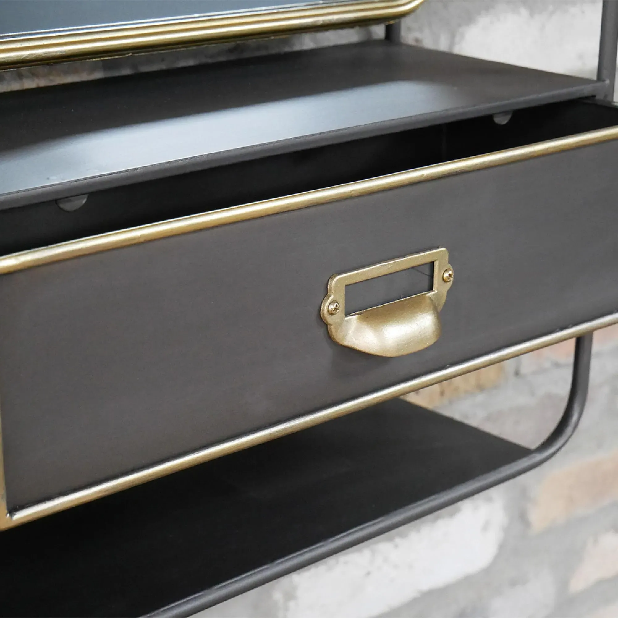 Black Metal Wall Unit with Mirror and Drawer