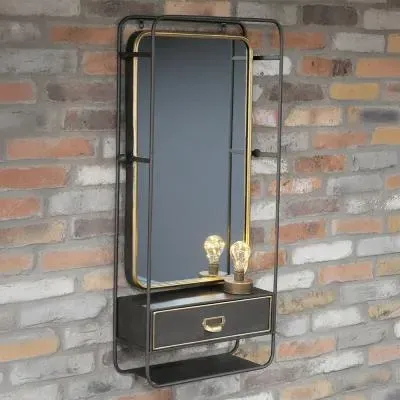 Black Metal Wall Unit with Mirror and Drawer