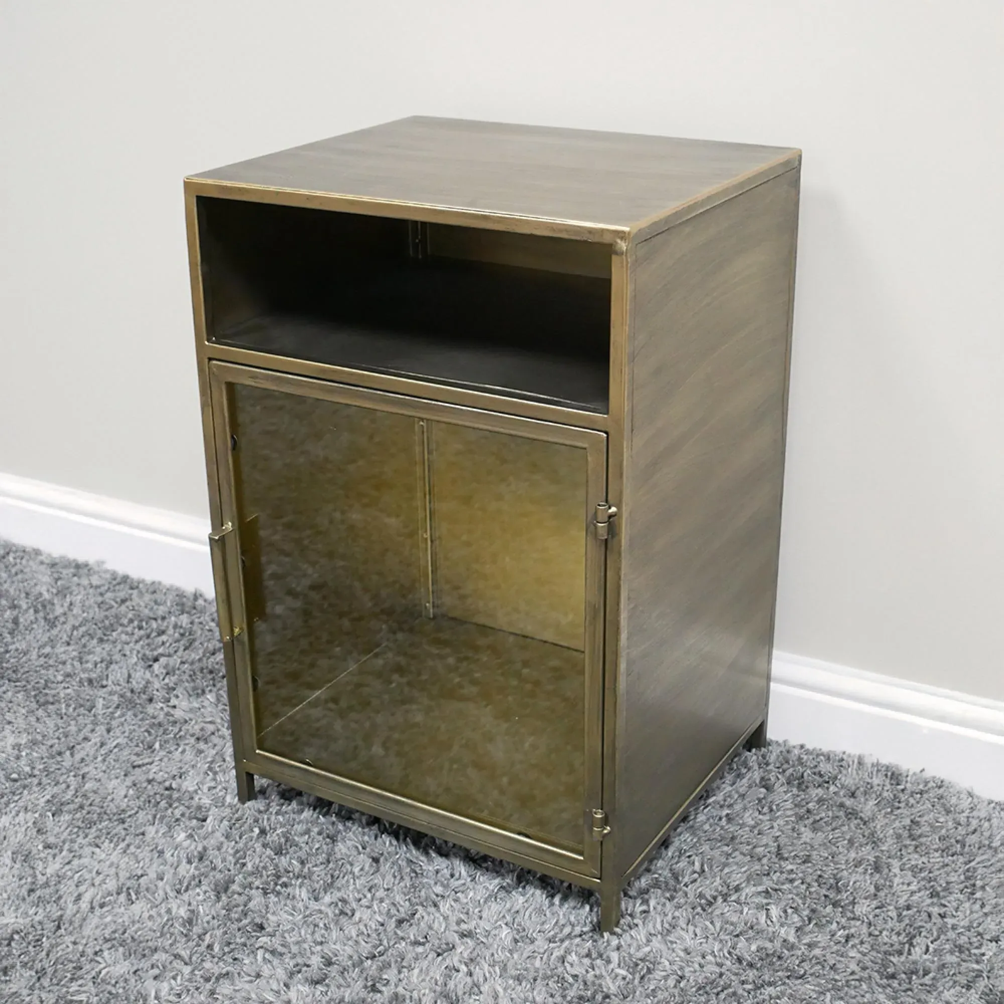 Brushed Metal and Glass 1 Door Bedside Cabinet