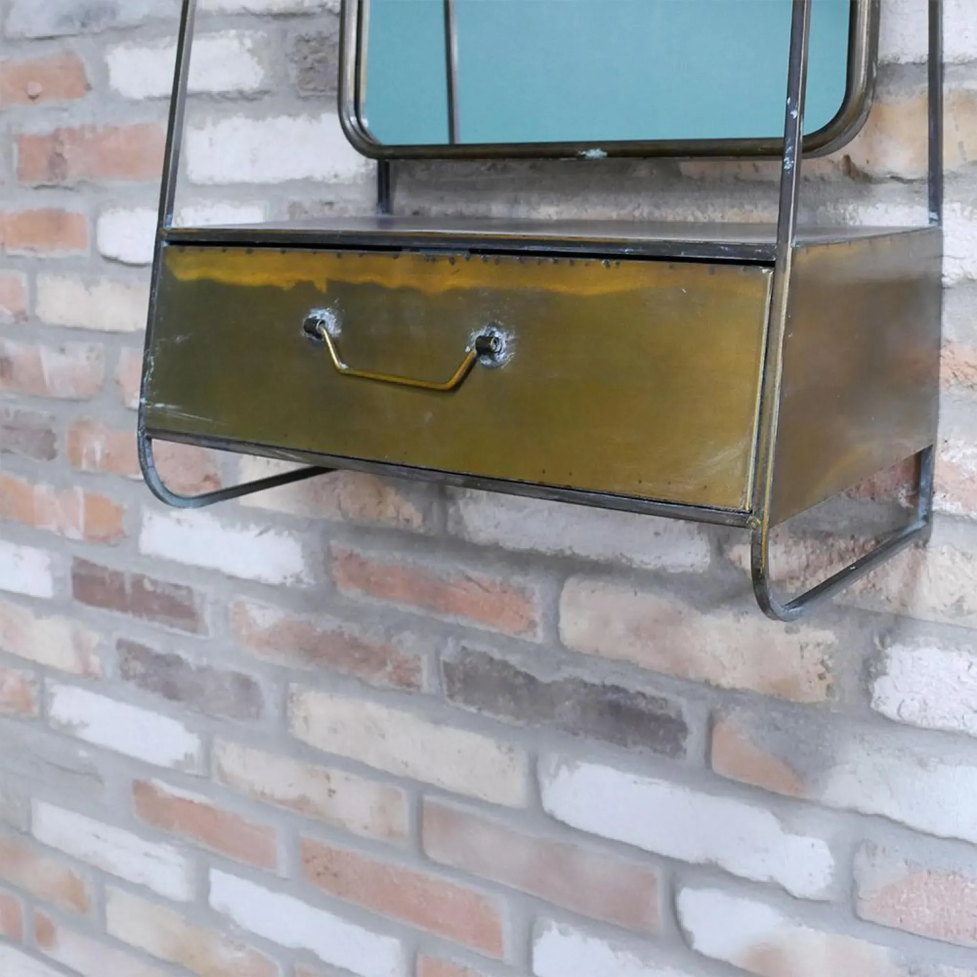 Brushed Metal Wall Unit with Mirror and Drawer