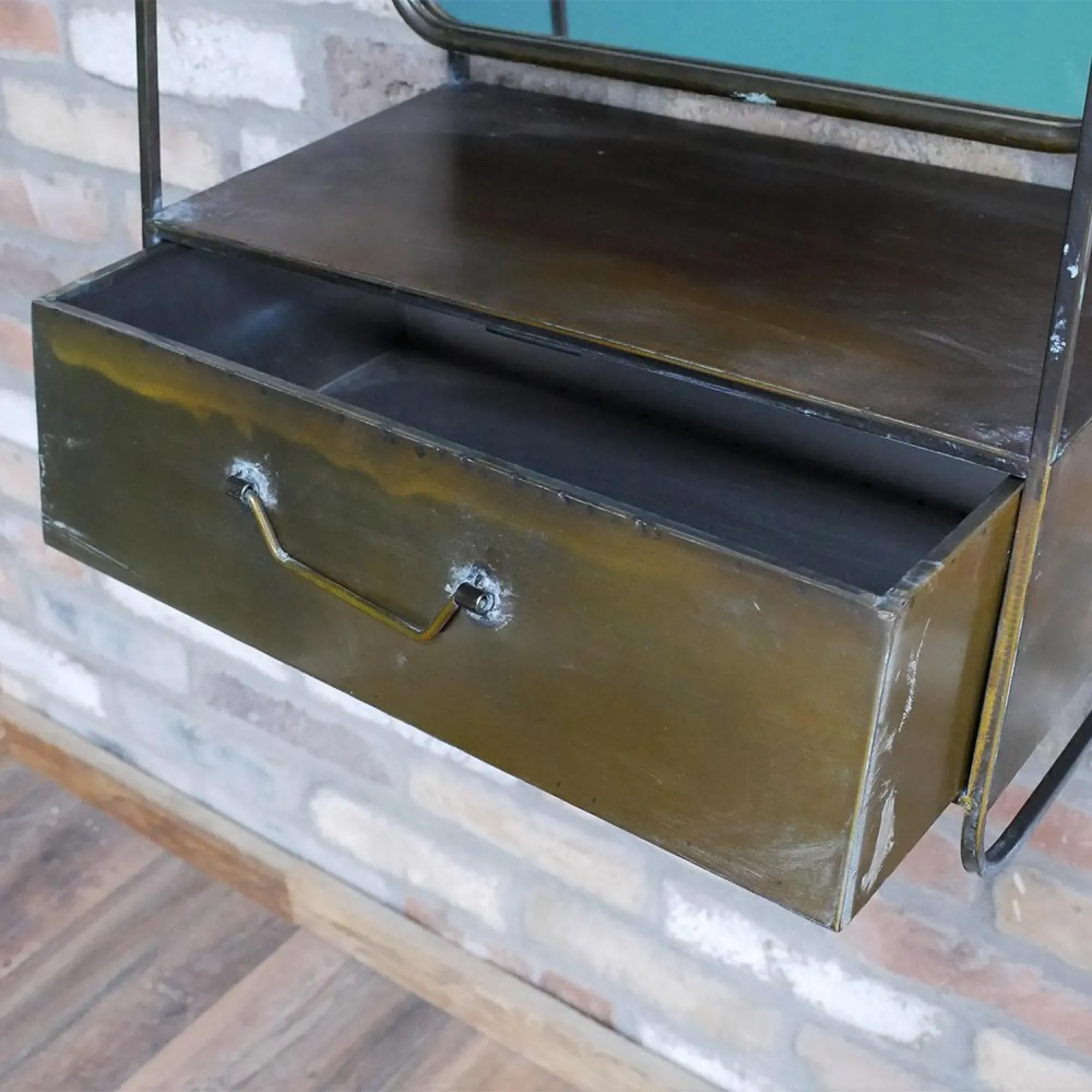 Brushed Metal Wall Unit with Mirror and Drawer