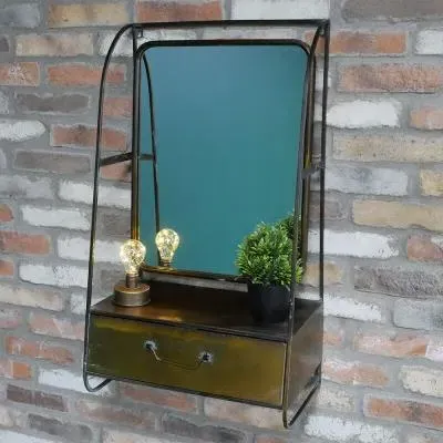 Brushed Metal Wall Unit with Mirror and Drawer