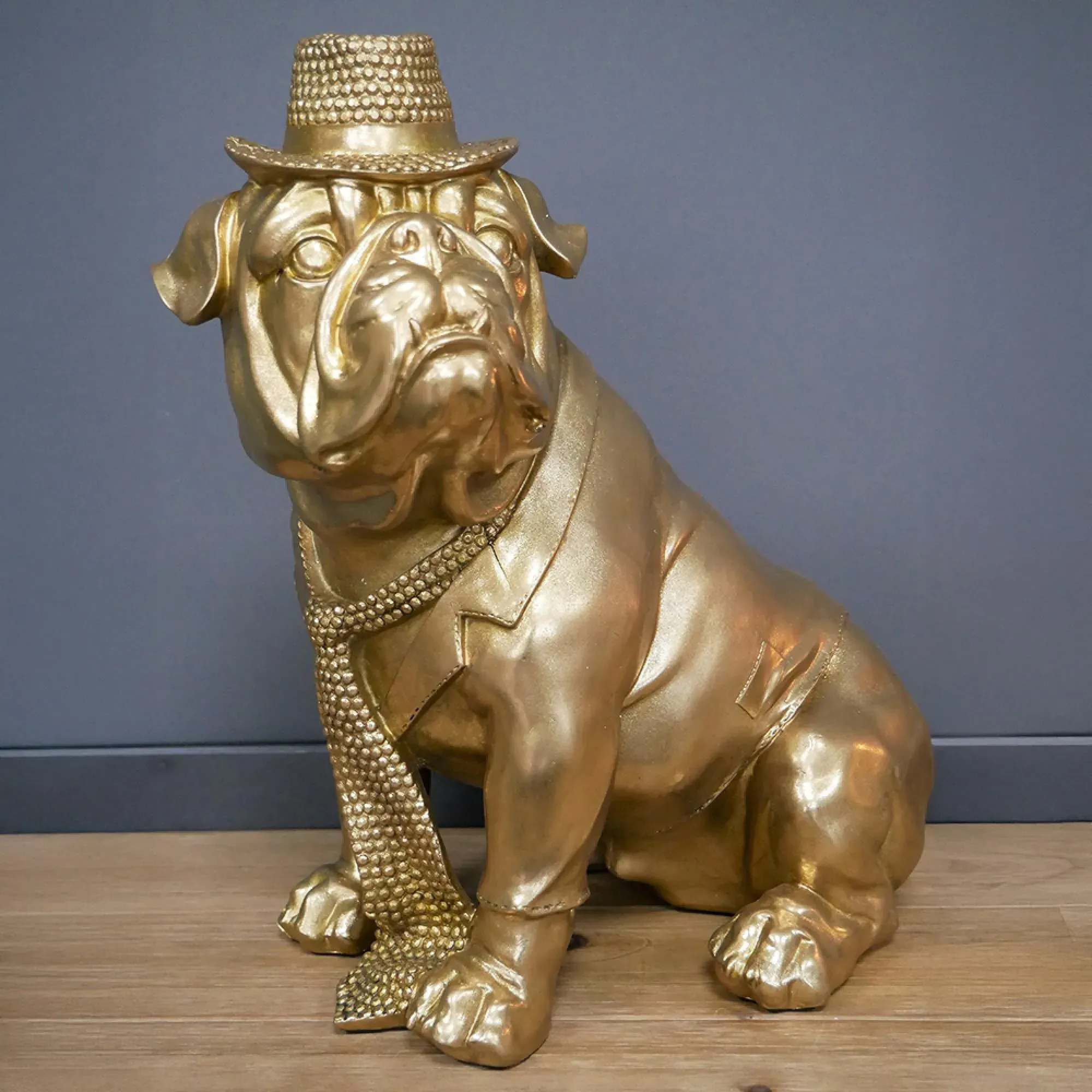 Bulldog Statue with Hat and Tie - Gold