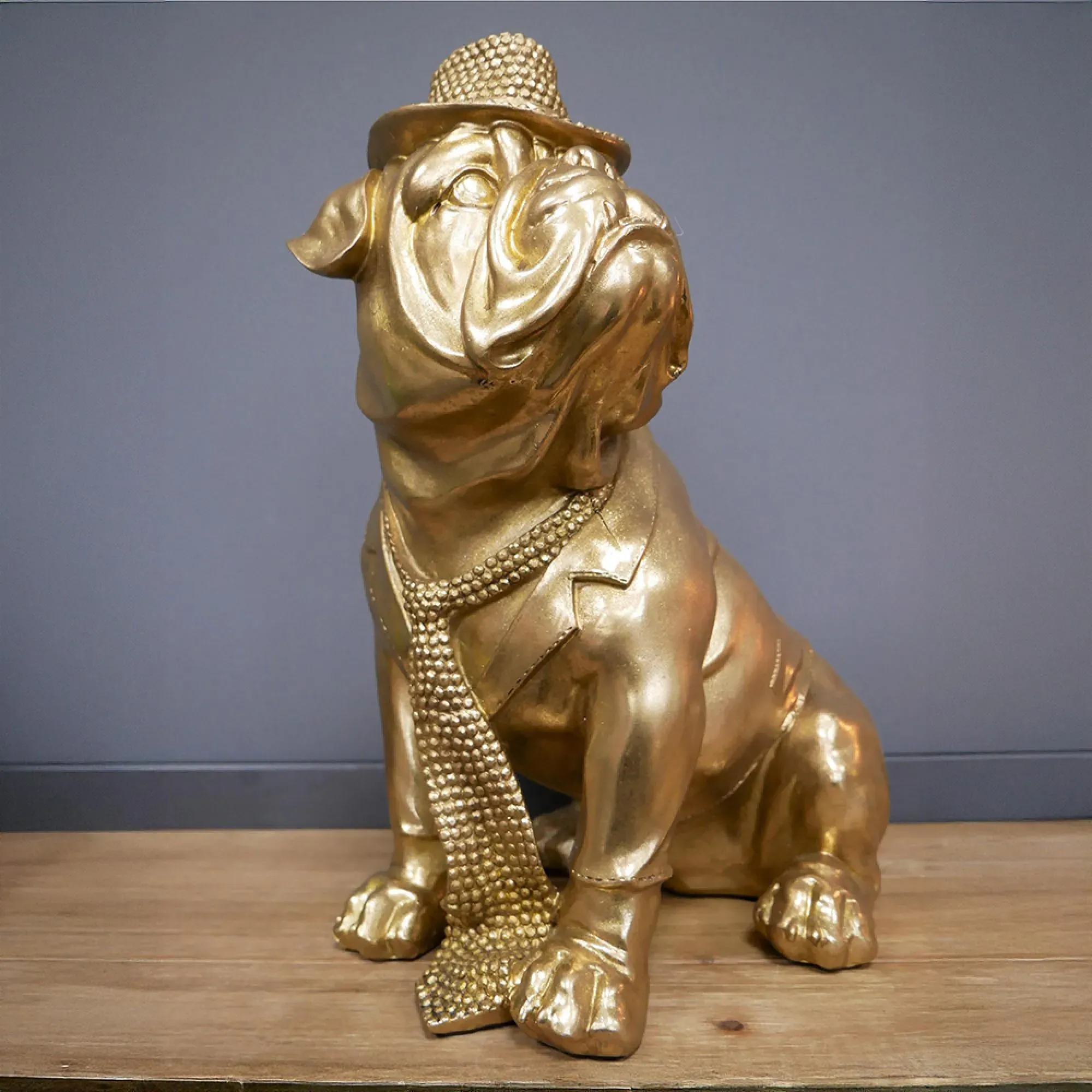 Bulldog Statue with Hat and Tie - Gold