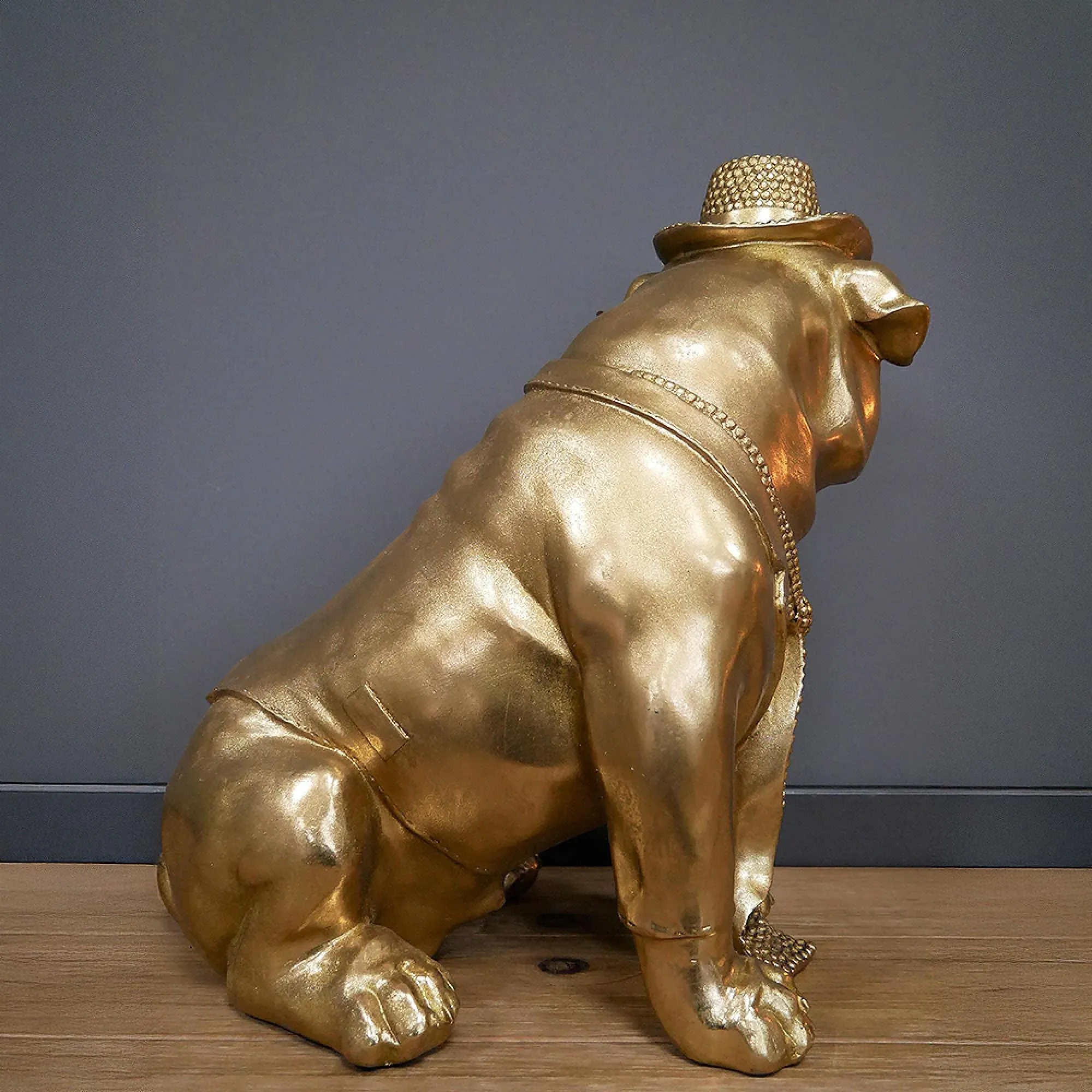 Bulldog Statue with Hat and Tie - Gold