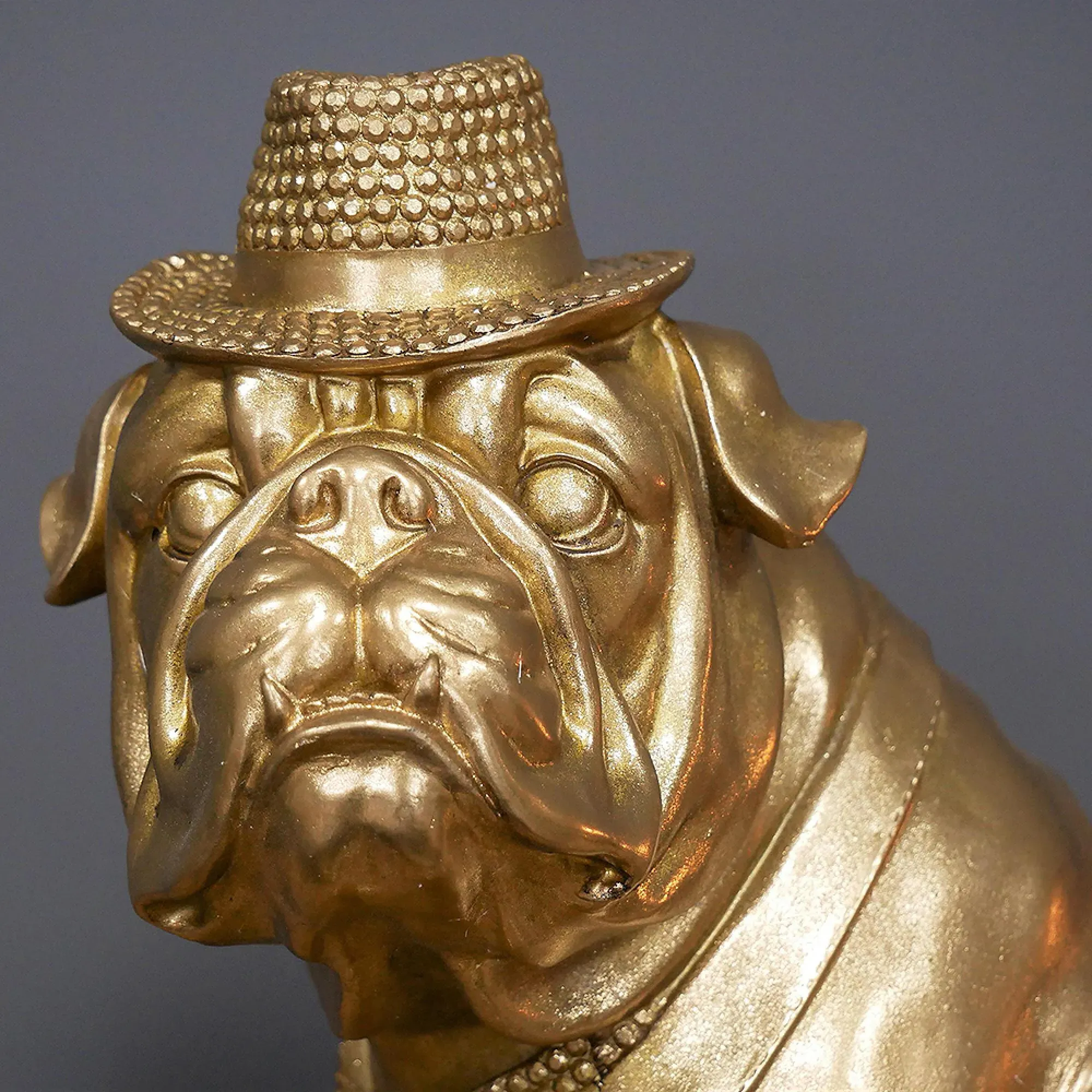 Bulldog Statue with Hat and Tie - Gold