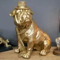 Bulldog Statue with Hat and Tie - Gold