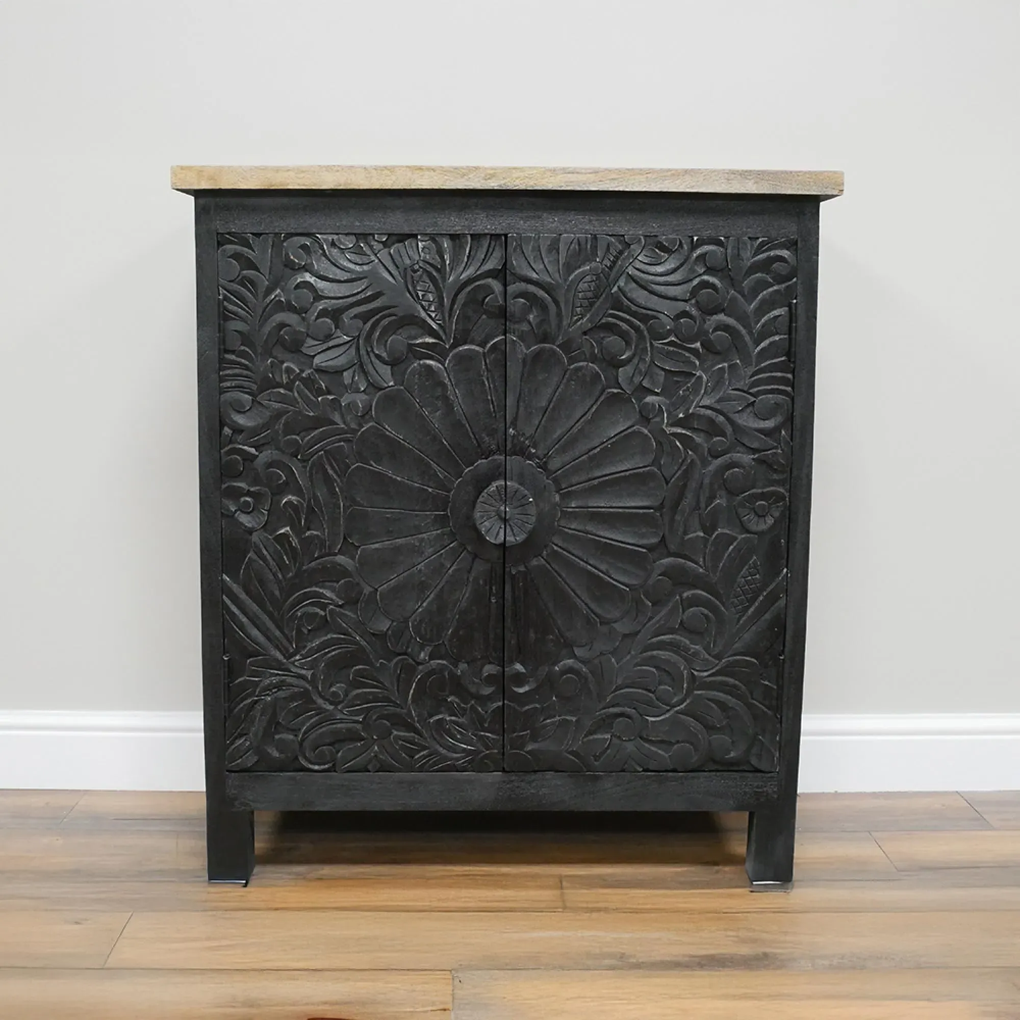 Carved 2 Door Cabinet - Black, Mango Wood