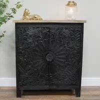 Carved 2 Door Cabinet - Black, Mango Wood