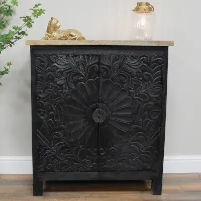 Carved 2 Door Cabinet - Black, Mango Wood