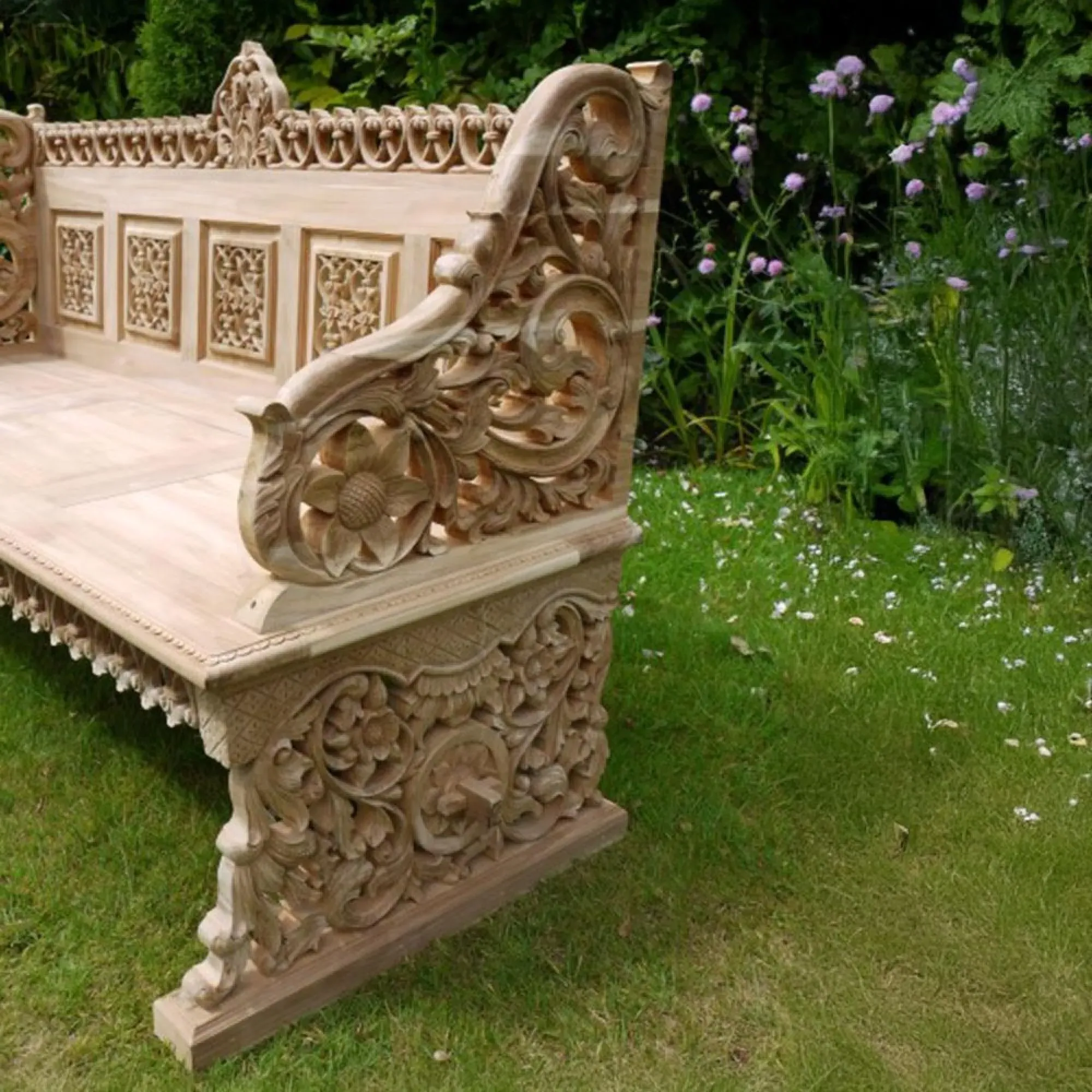 Carved Garden Bench - Teak Wood
