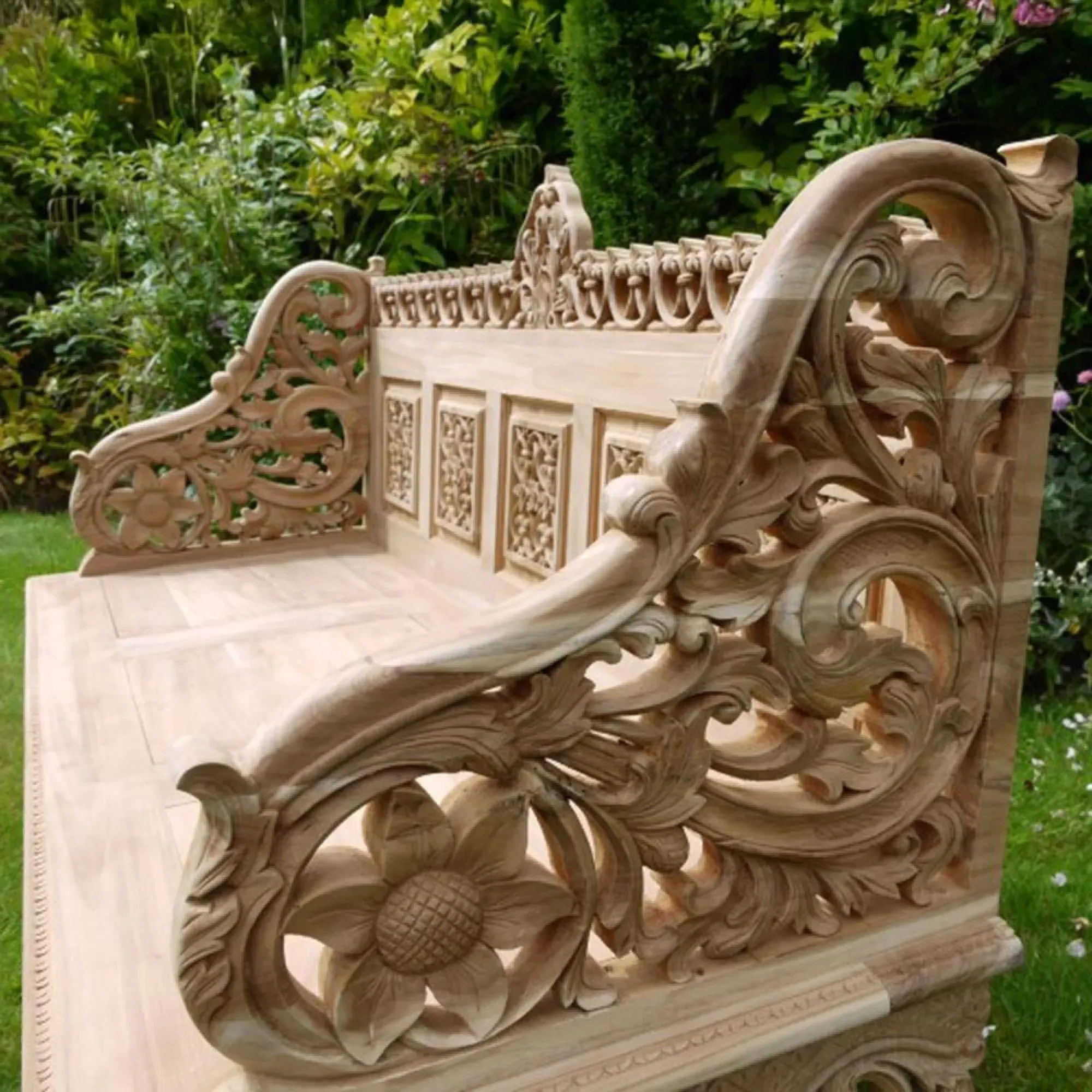 Carved Garden Bench - Teak Wood
