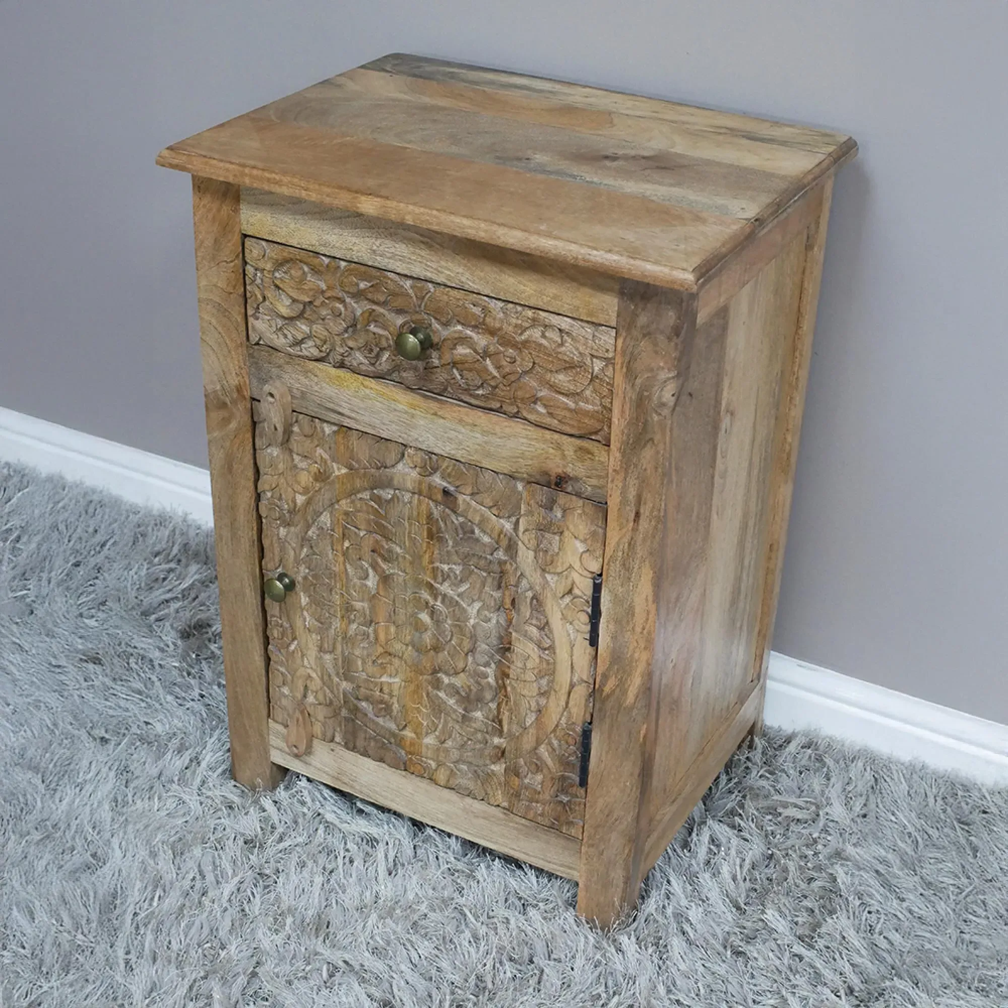 Carved Mango Wood 1 Door Bedside Cabinet