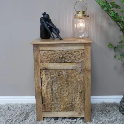 Carved Mango Wood 1 Door Bedside Cabinet