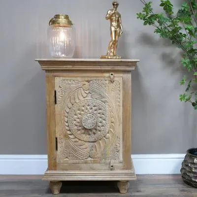 Carved Mango Wood 1 Door Narrow Bedside Cabinet