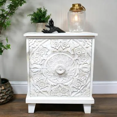 Carved Mango Wood 2 Drawer Bedside Cabinet - White