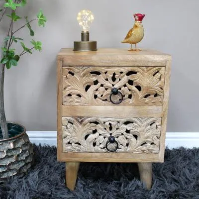 Carved Mango Wood 2 Drawer Bedside Cabinet image