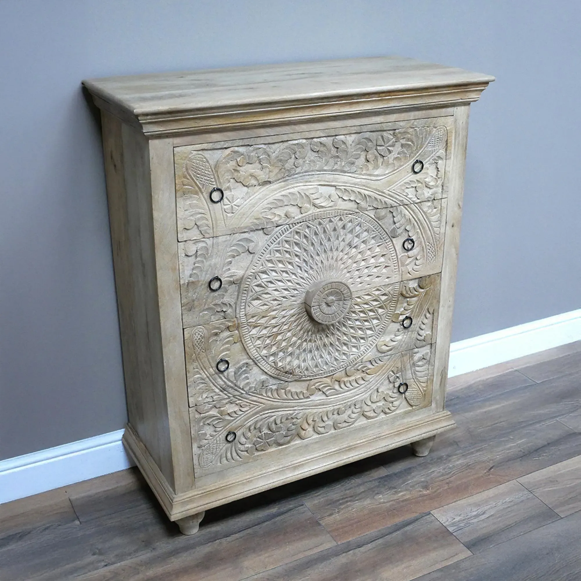 Carved Mango Wood 4 Drawer Chest
