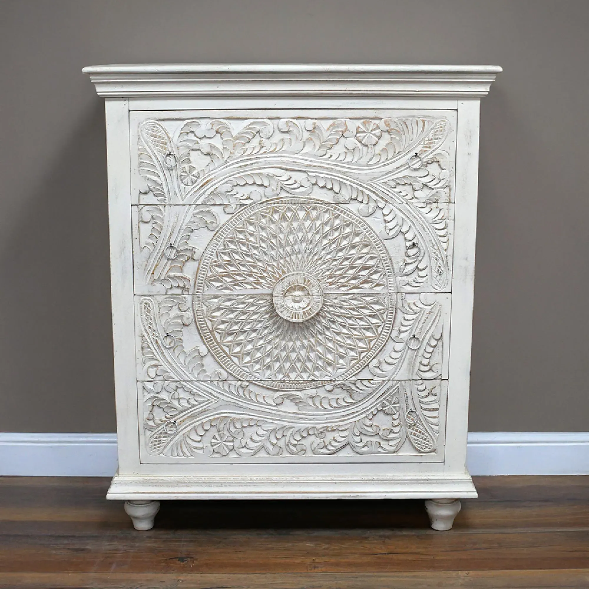 Carved Mango Wood 4 Drawer Chest - White Washed