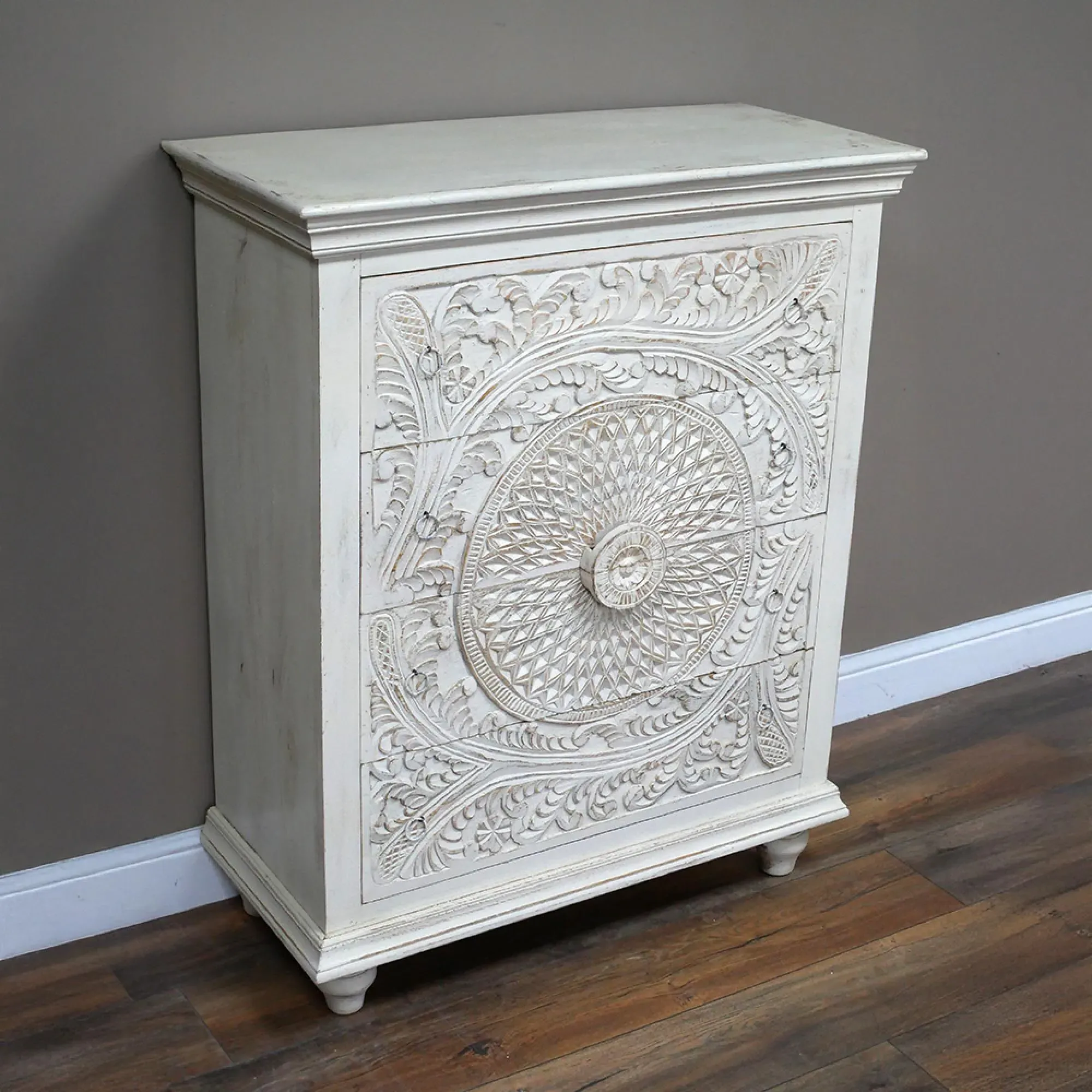 Carved Mango Wood 4 Drawer Chest - White Washed