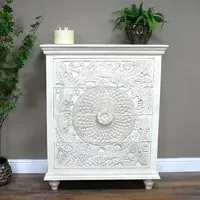 Carved Mango Wood 4 Drawer Chest - White Washed