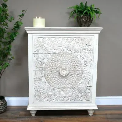 Carved Mango Wood 4 Drawer Chest - White Washed