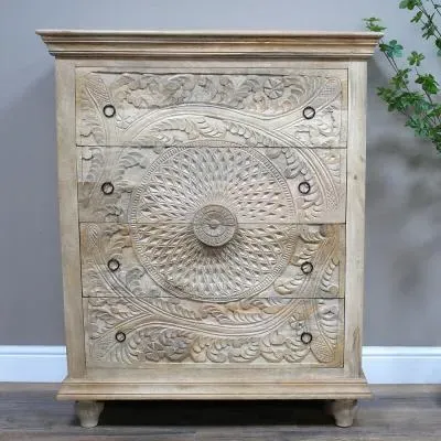 Carved Mango Wood 4 Drawer Chest