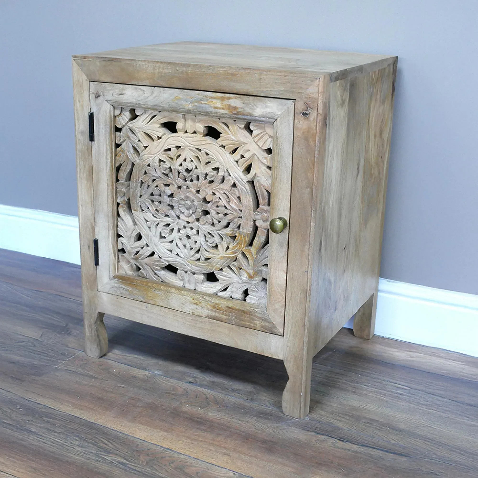 Carved Mango Wood Bedside Table - Natural