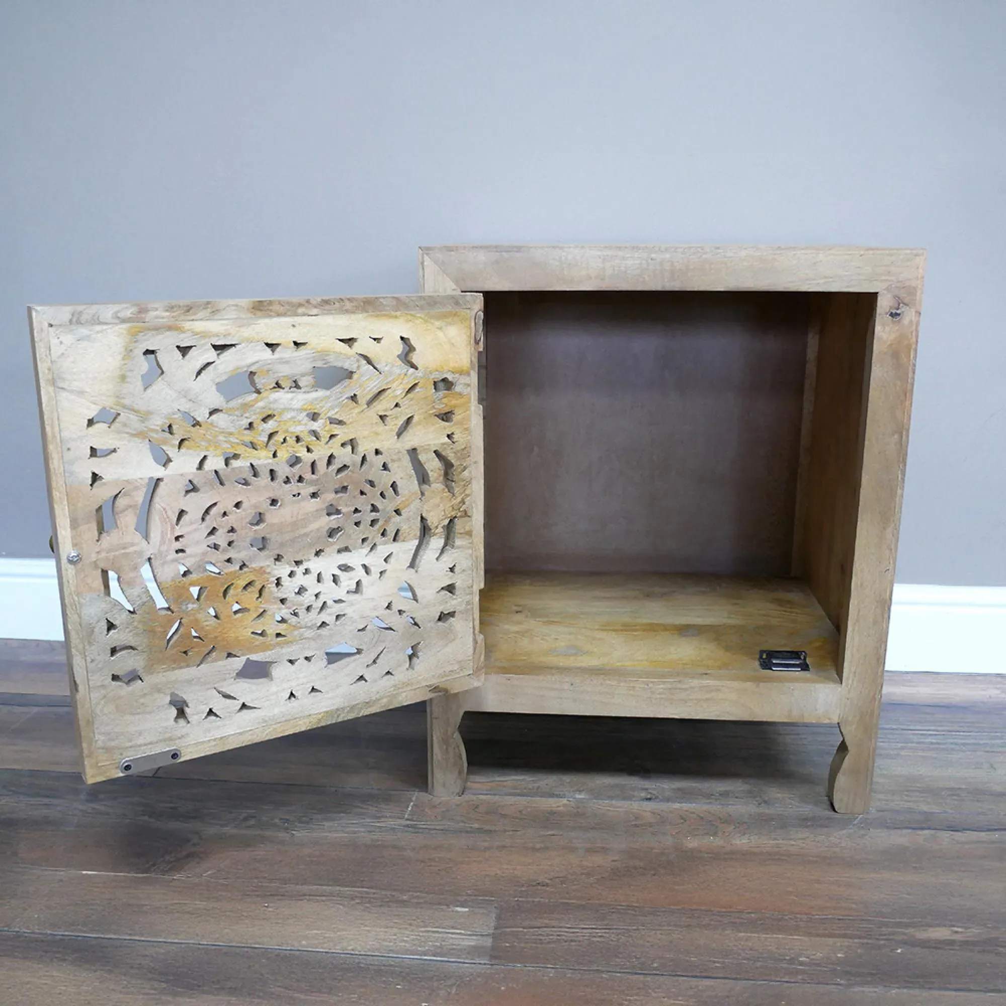 Carved Mango Wood Bedside Table - Natural