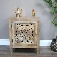 Carved Mango Wood Bedside Table - Natural
