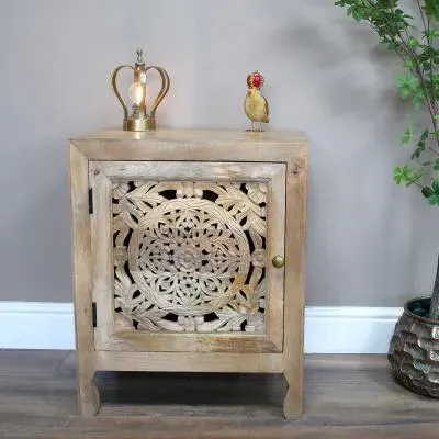 Carved Mango Wood Bedside Table - Natural