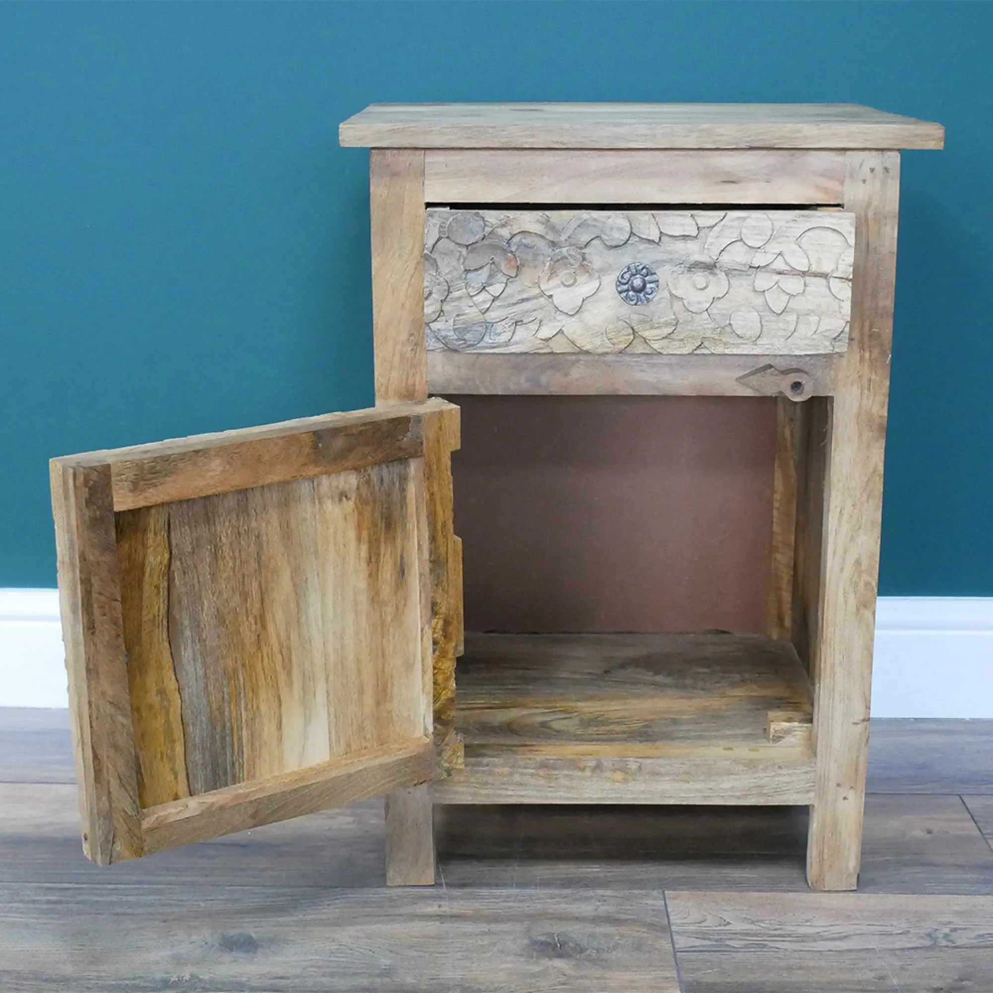 Carved Mango Wood Bedside Table with Drawer - Natural