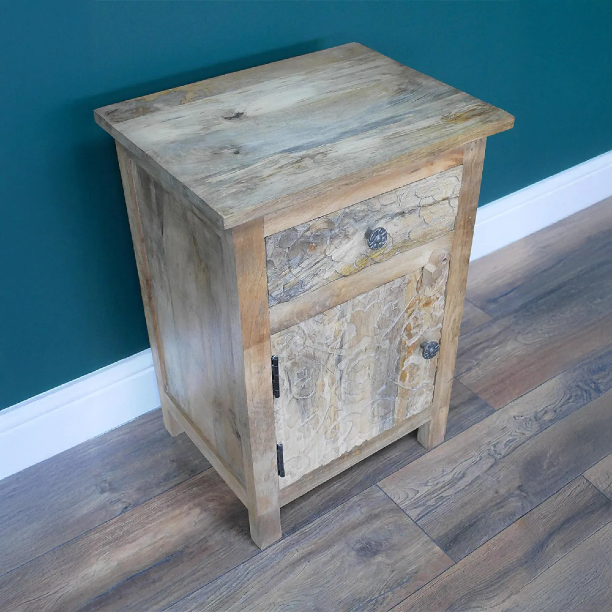 Carved Mango Wood Bedside Table with Drawer - Natural