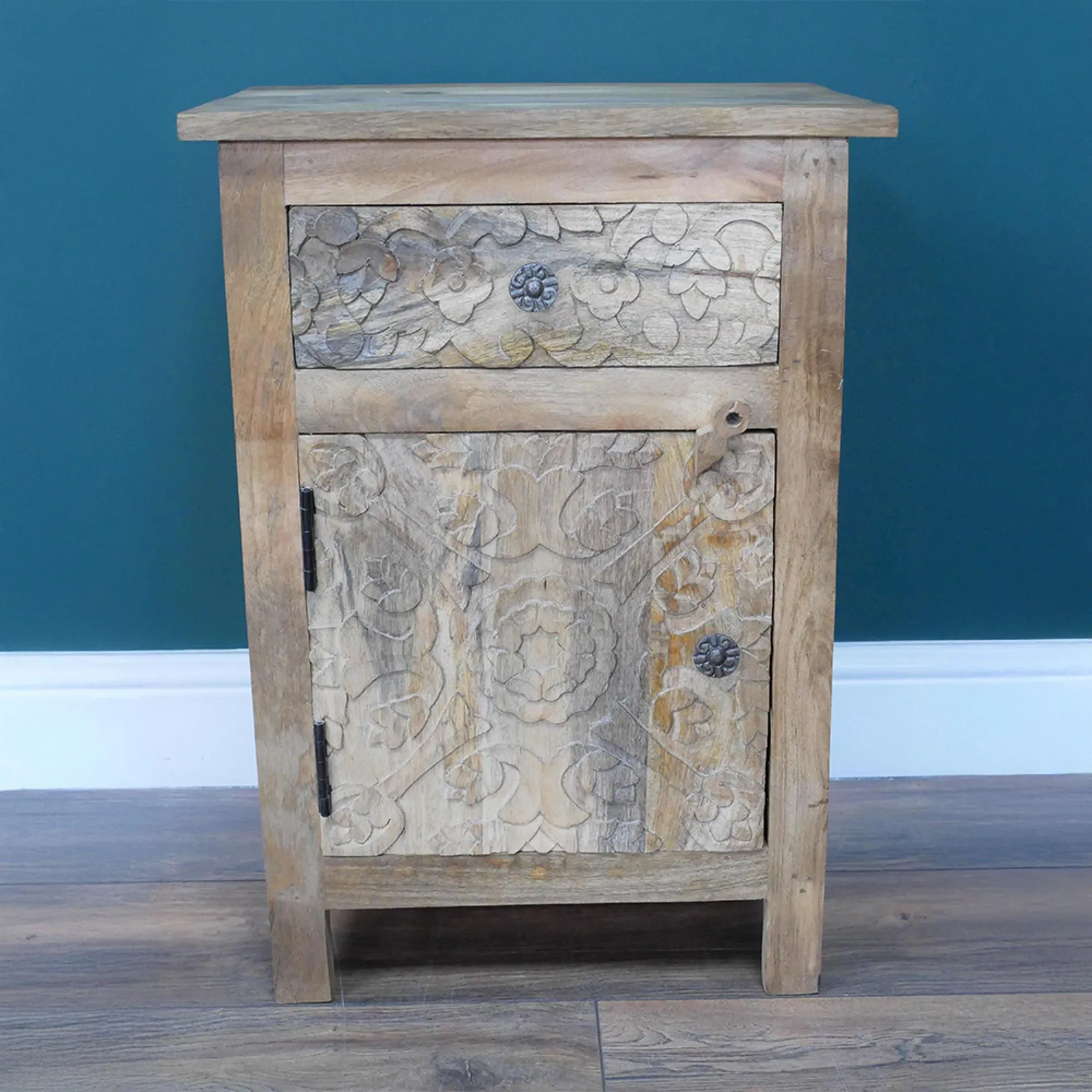 Carved Mango Wood Bedside Table with Drawer - Natural