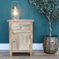 Carved Mango Wood Bedside Table with Drawer - Natural