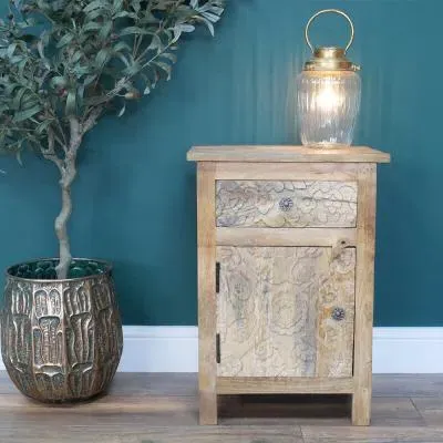 Carved Mango Wood Bedside Table with Drawer - Natural image