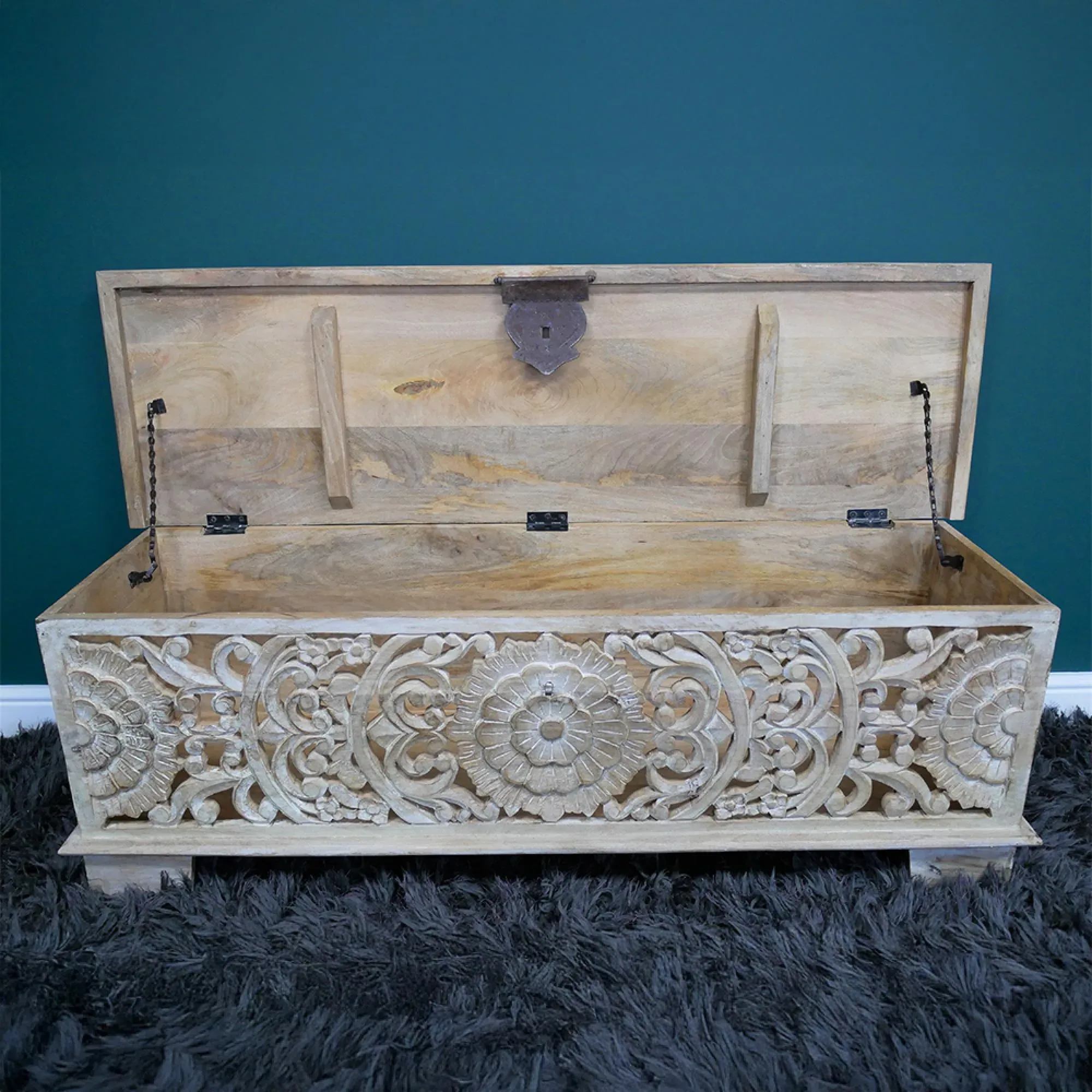 Carved Storage Bench - Mango Wood