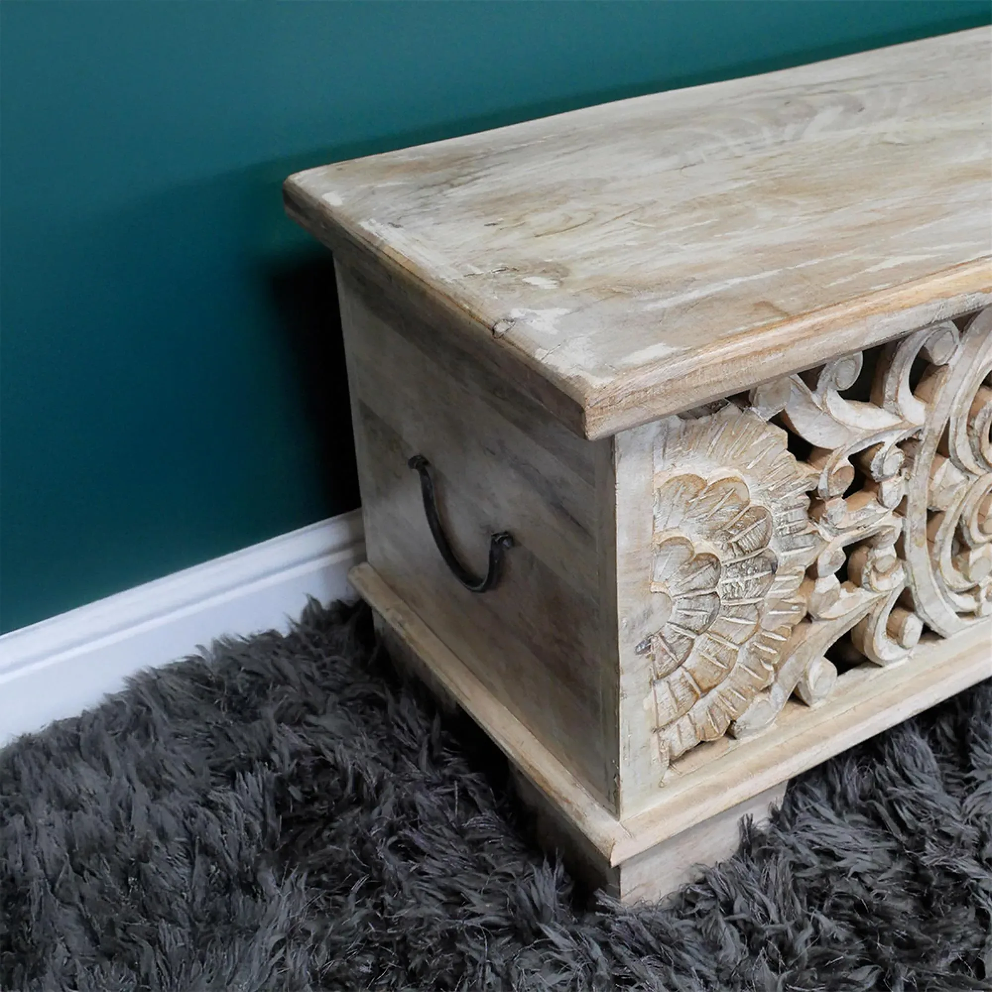 Carved Storage Bench - Mango Wood