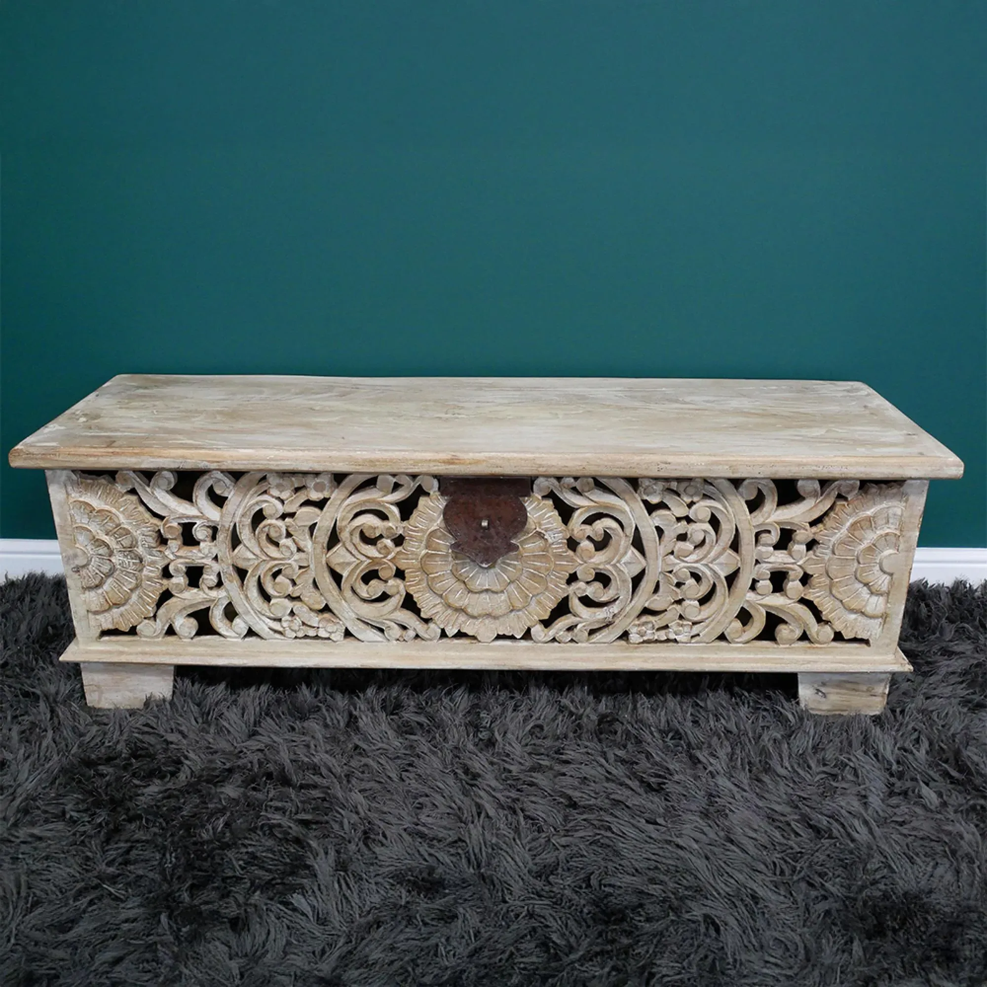 Carved Storage Bench - Mango Wood