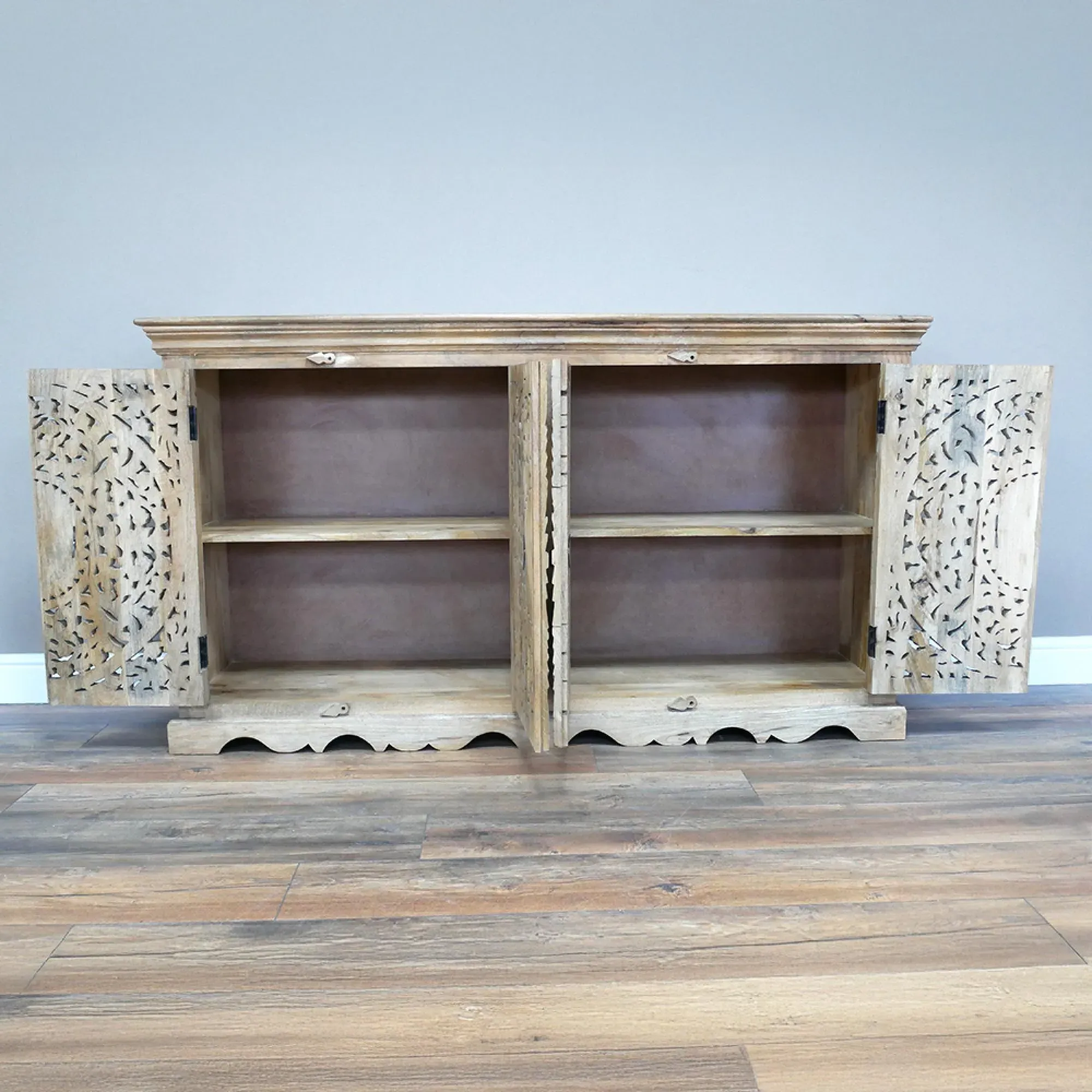 Carved Wide 4 Door Cabinet - Mango Wood