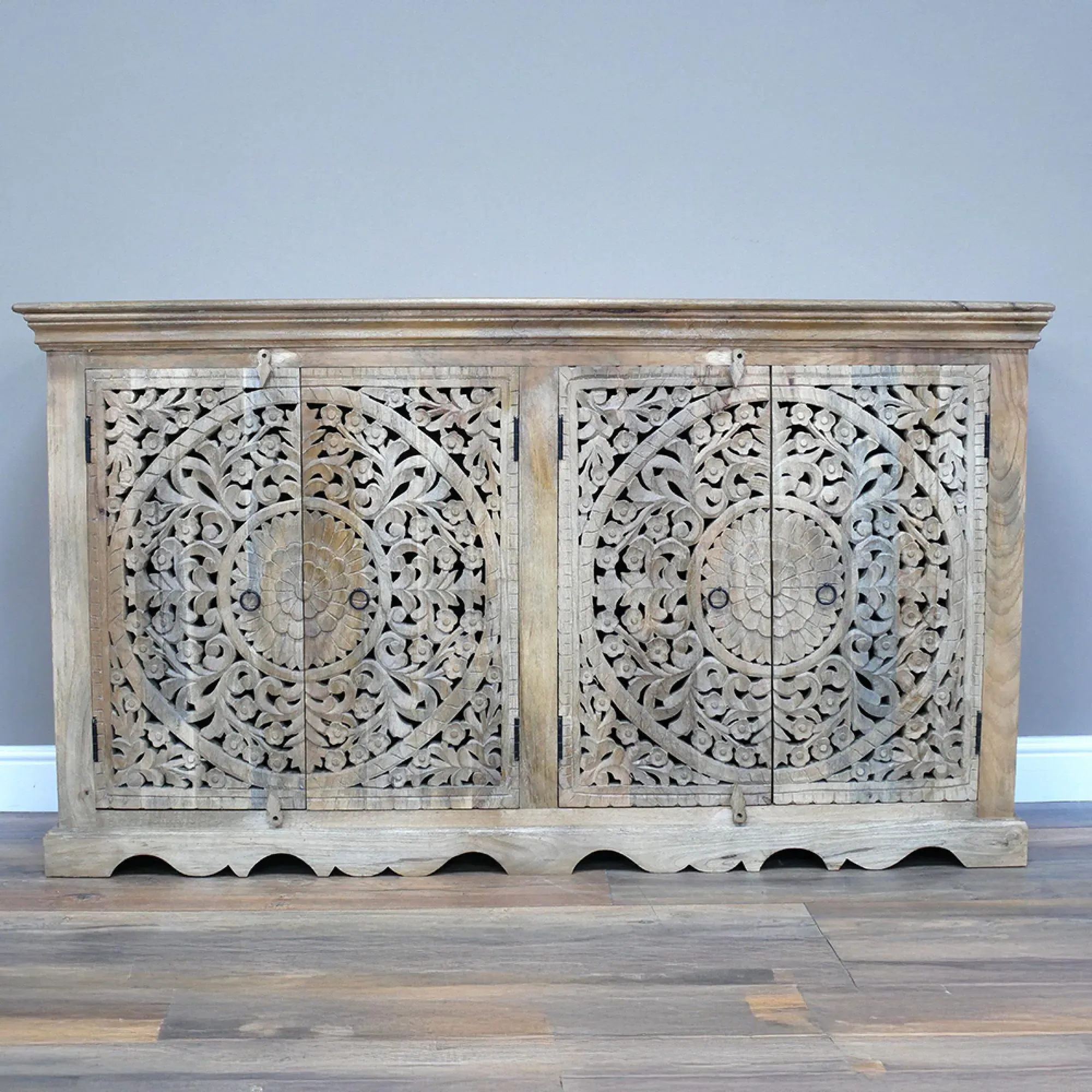 Carved Wide 4 Door Cabinet - Mango Wood