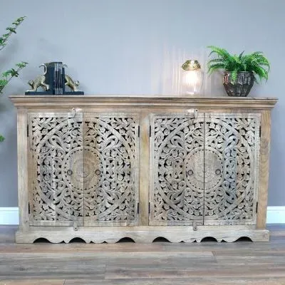 Carved Wide 4 Door Cabinet - Mango Wood
