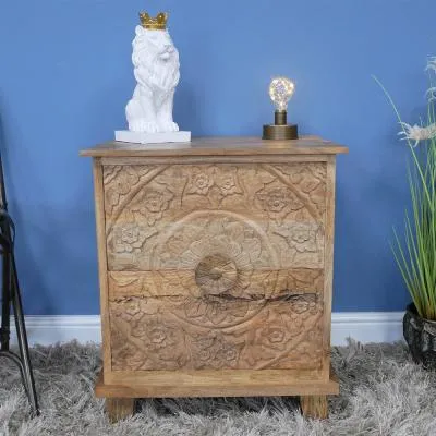 Carved Wooden 2 Drawer Bedside Cabinet
